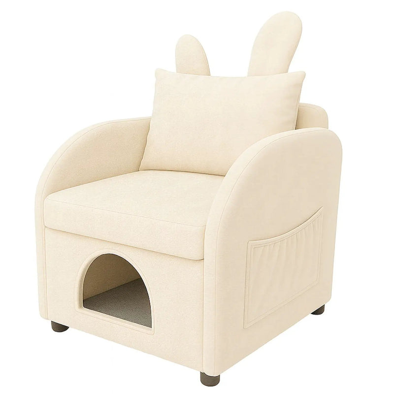 Bunny Ear Pet Friendly Armchair With Hidden Pet House With Storage Pocket For Bedroom & Living Room - Beige by Unique Piece Furniture