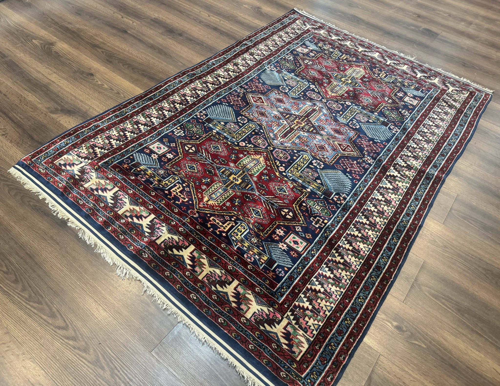 Indian Rug with Caucasian Design, 4x6 Geometric Carpet, Navy Blue and Cream by Jewel Rugs