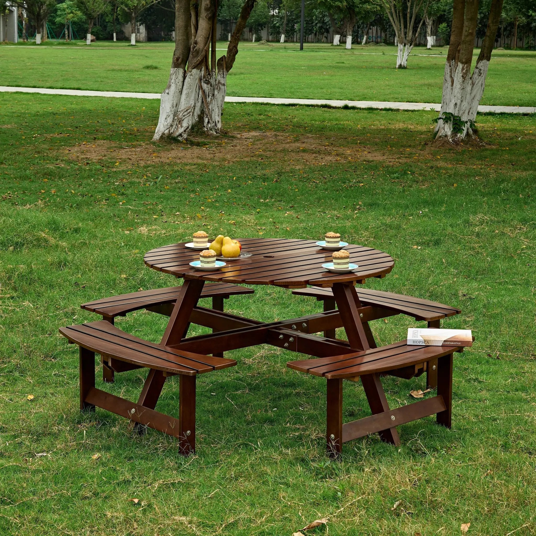 Outdoor 8 Person Round Picnic Table with Built-In Benches by HouseOfZazla