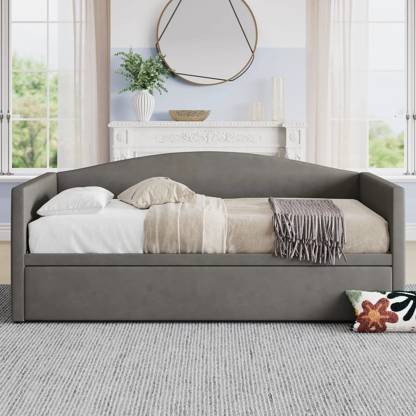 Daybed With Pop Up Trundle, Upholstered Sofa Bed by HouseOfZazla