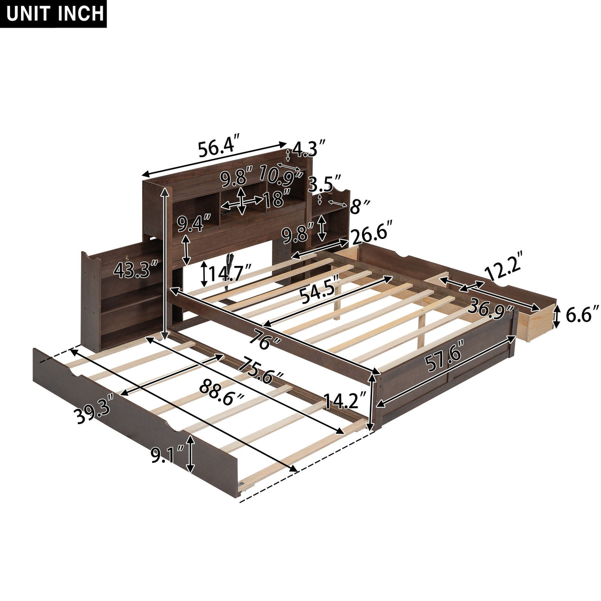 Full Size Storage Platform Bed with Pull-Out Shelves, Trundle, and 2 Drawers - White or Dark Brown, photo 29 of 36