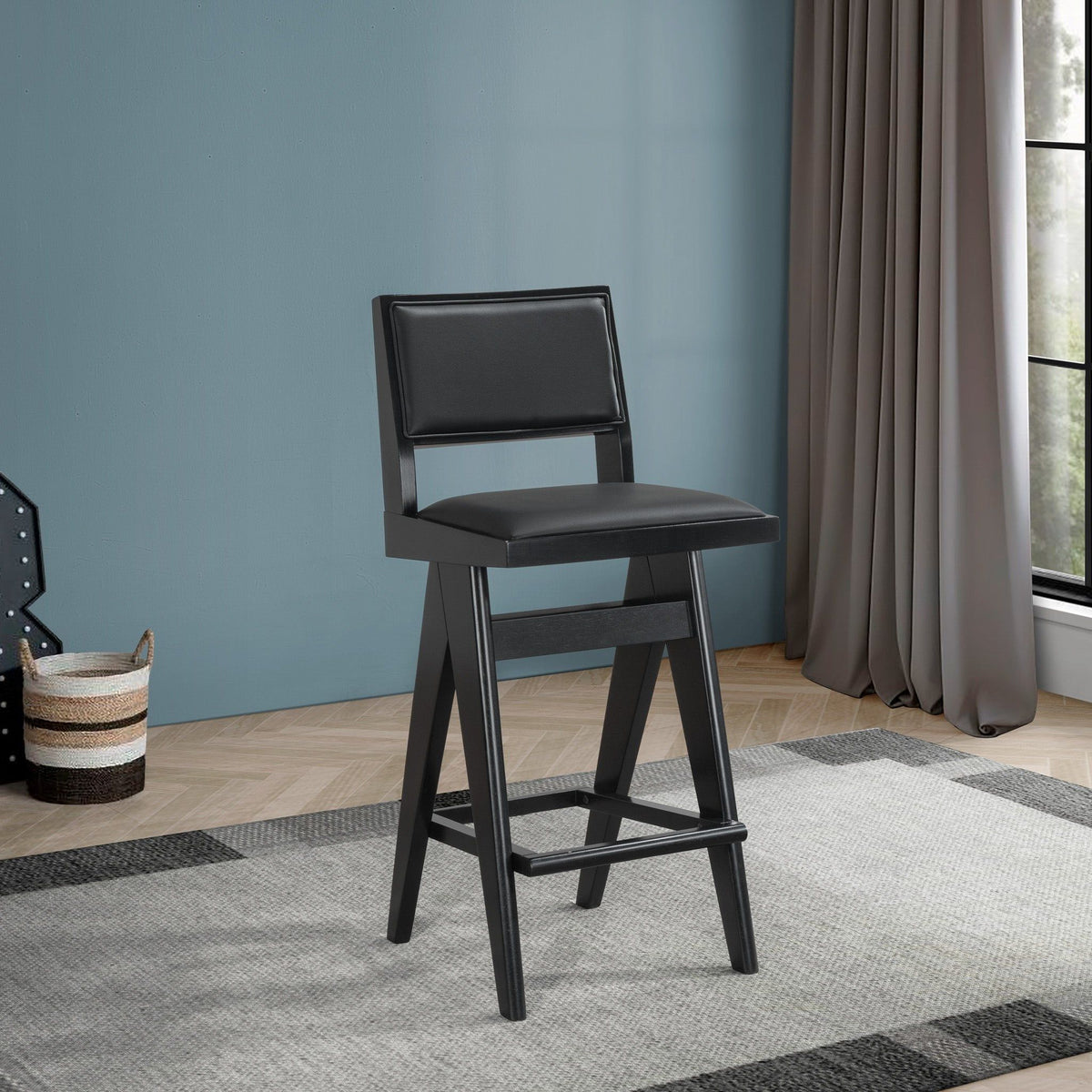 Black Bar Stools Set of 2 with Full Back Support - PU Leather, photo 7 of 8
