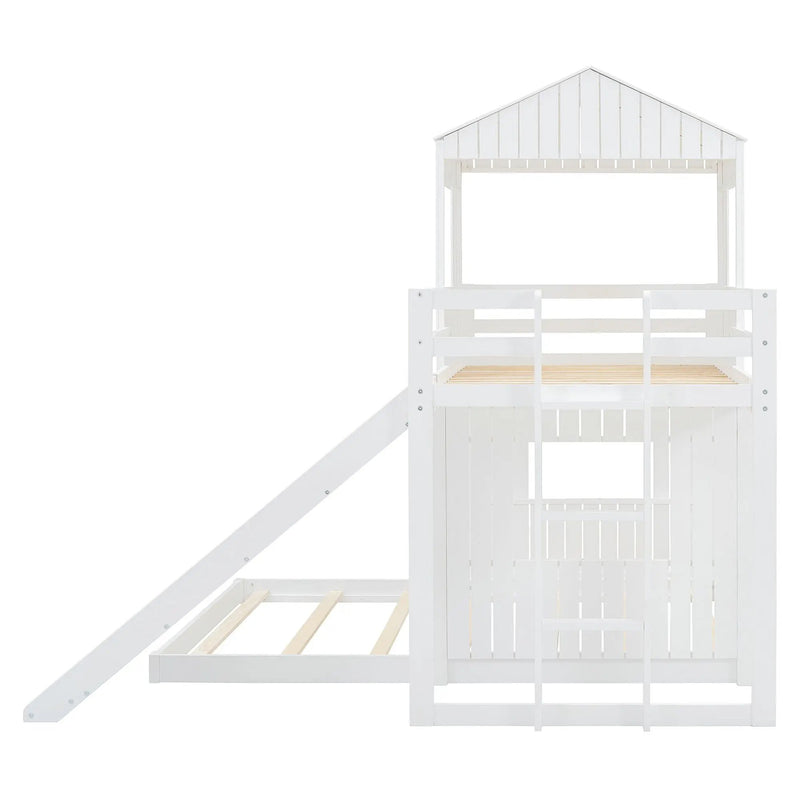 Loft Bunk Bed With Playhouse, Farmhouse, Ladder, Slide And Guardrails by HouseOfZazla