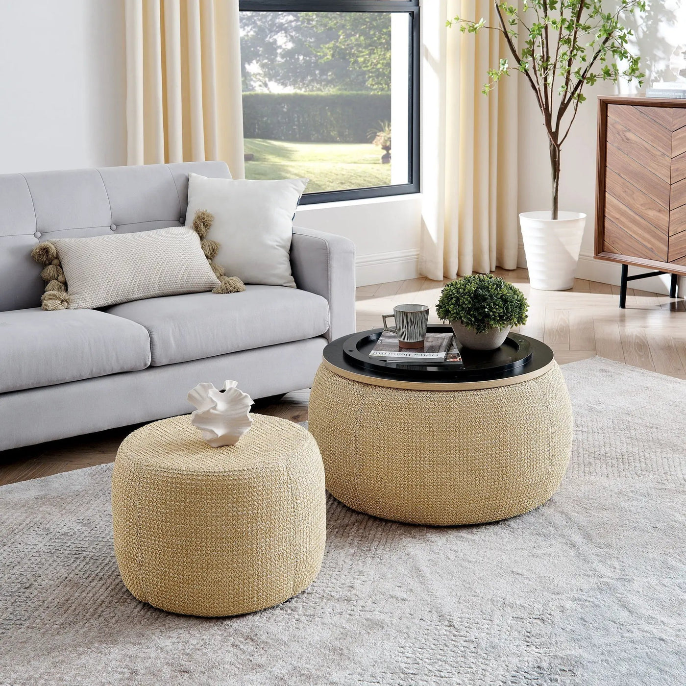 Round Storage Ottoman, 2 In 1 Function, End Table And Ottoman by HouseOfZazla