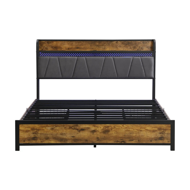 Modern Bed Frame With LED Lights, Upholstered Headboard, USB Charging by Unique Piece Furniture