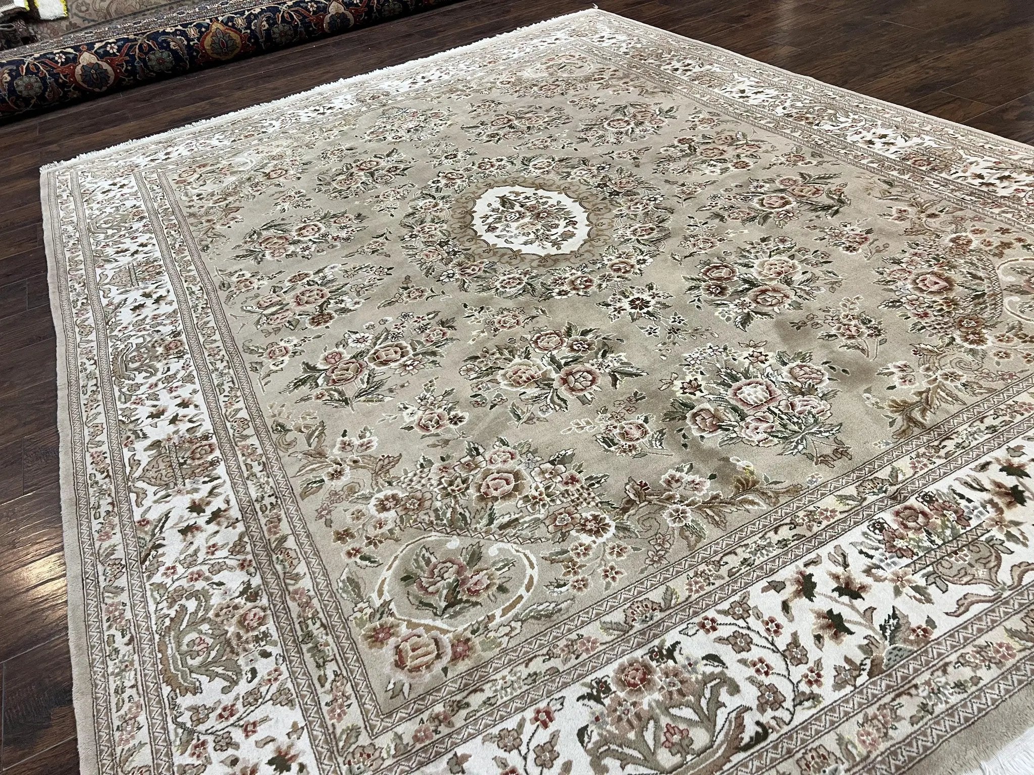 Sino Persian Rug 8x10, Soft Wool, Silk Highlights, Hand Knotted Vintage Carpet, Taupe & Ivory, Floral, Traditional Rug 8 x 10 by Jewel Rugs