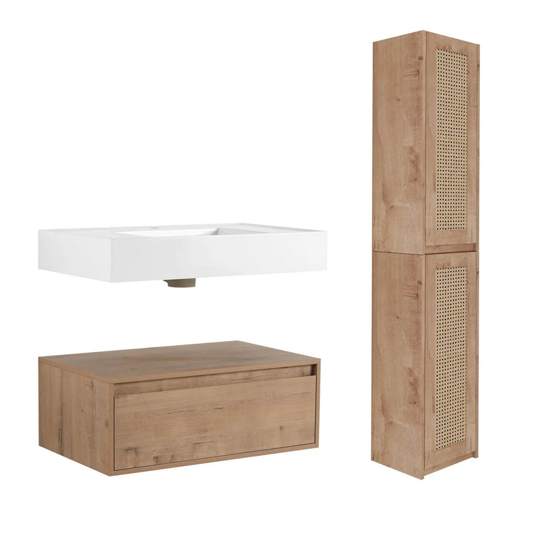 Modern Imitative Wall Mounted Bathroom Vanity With Resin Sink & 2 Side Cabinet, Soft Close Drawer - Imitative Oak by Unique Piece Furniture