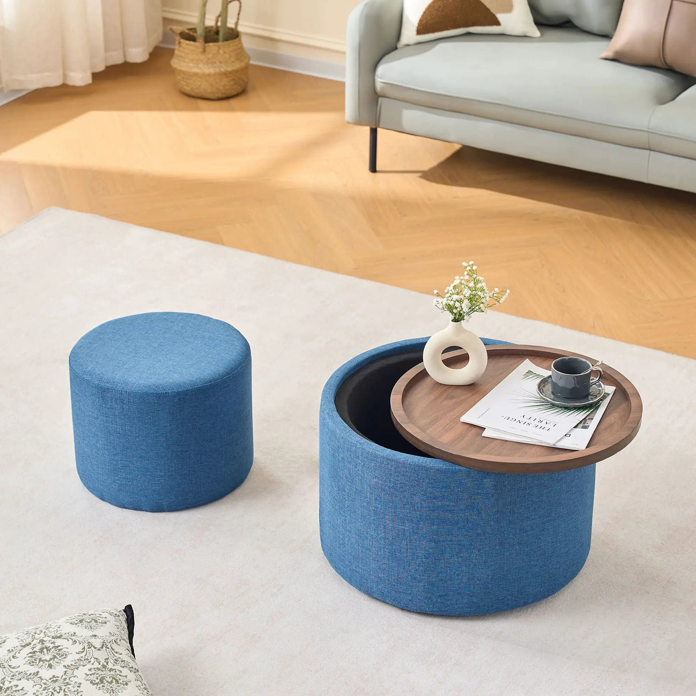 Nesting Ottomans, Round Coffee Table & Bench With Tray (Set of 2) by HouseOfZazla