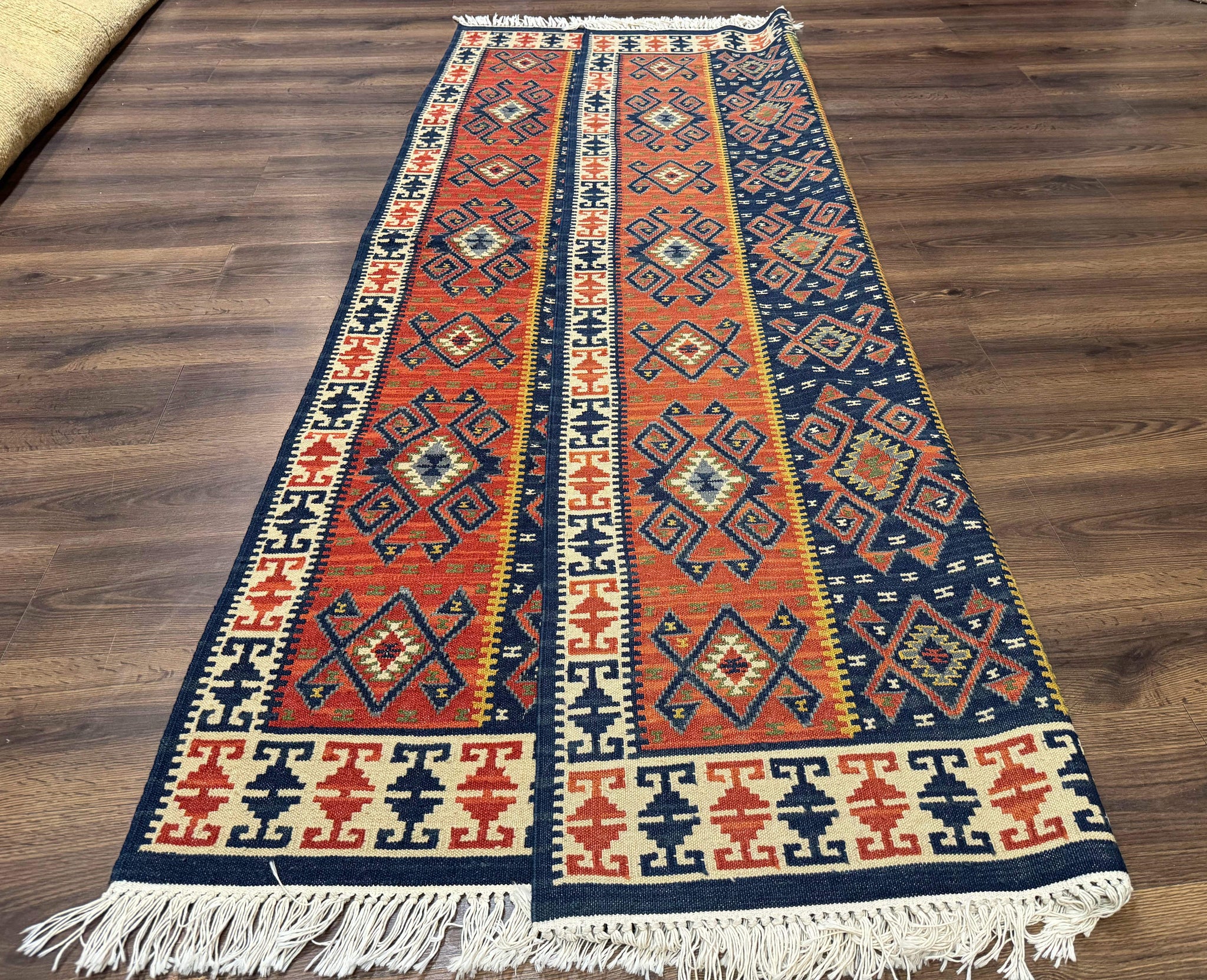 Turkish Kilim Rug 5x8, Flatweave Carpet, Handmade Bohemian Rug, Terracotta and Navy Blue by Jewel Rugs