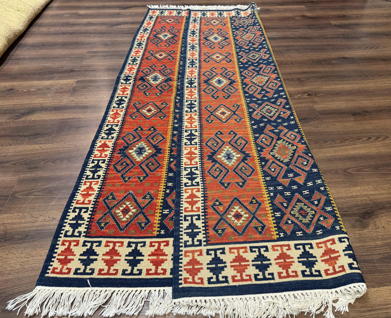 Turkish Kilim Rug 5x8, Flatweave Carpet, Handmade Bohemian Rug, Terracotta and Navy Blue by Jewel Rugs