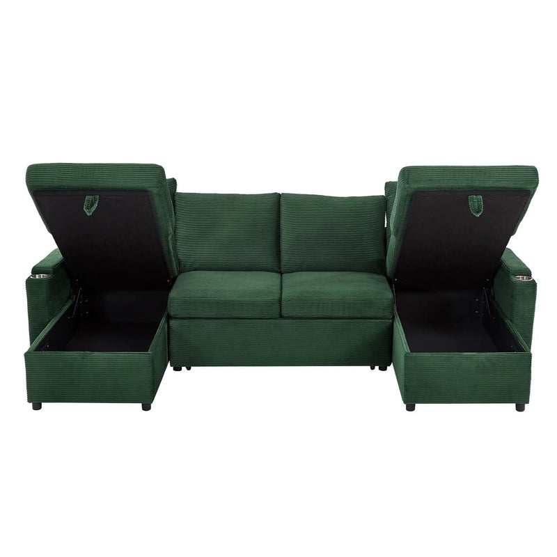 U Shaped Sectional Sofa Bed With Storage Chaise Lounges, USB Ports, And Cup Holders by HouseOfZazla