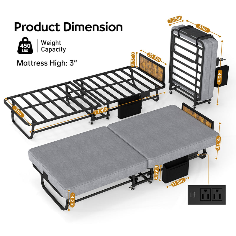 78"×31" Folding Bed with Headboard & USB Charging Station by HouseOfZazla