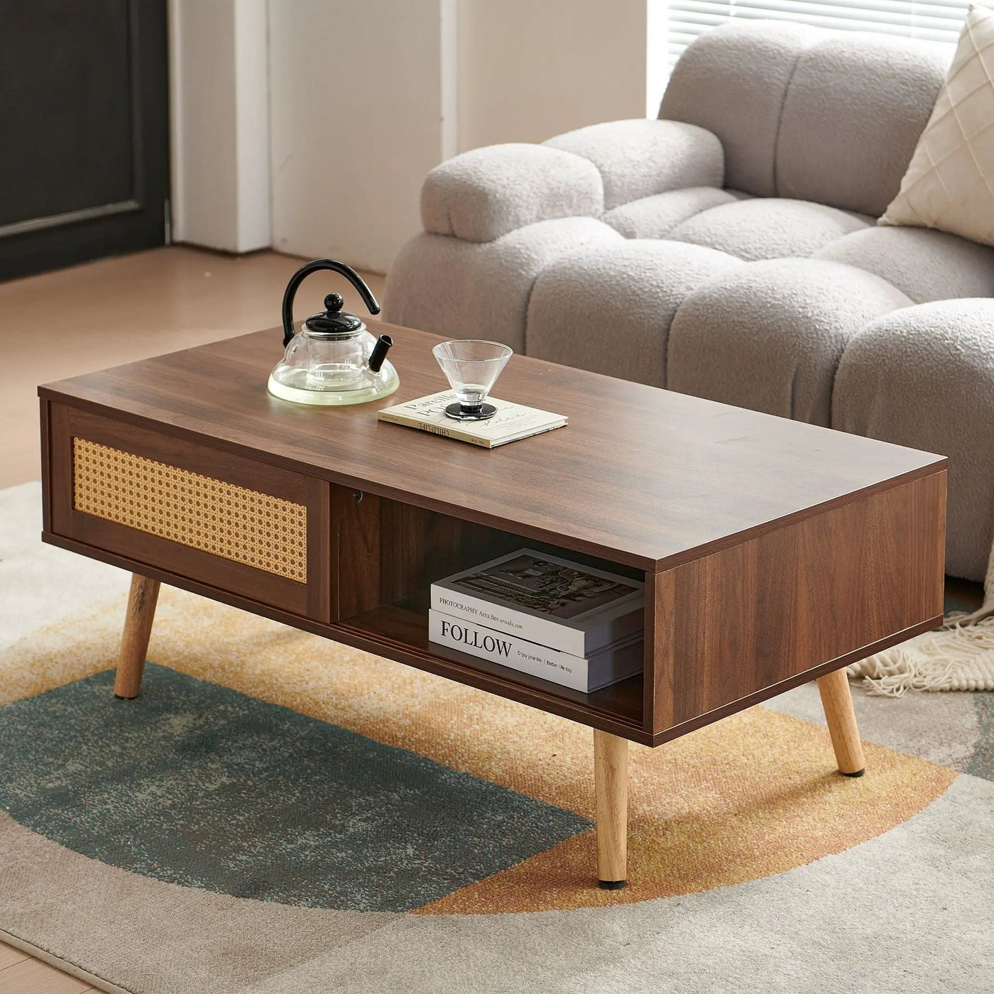 41.34" Rattan Coffee Table, Sliding Door For Storage, Solid Wood Legs, Modern Table For Living Room by HouseOfZazla