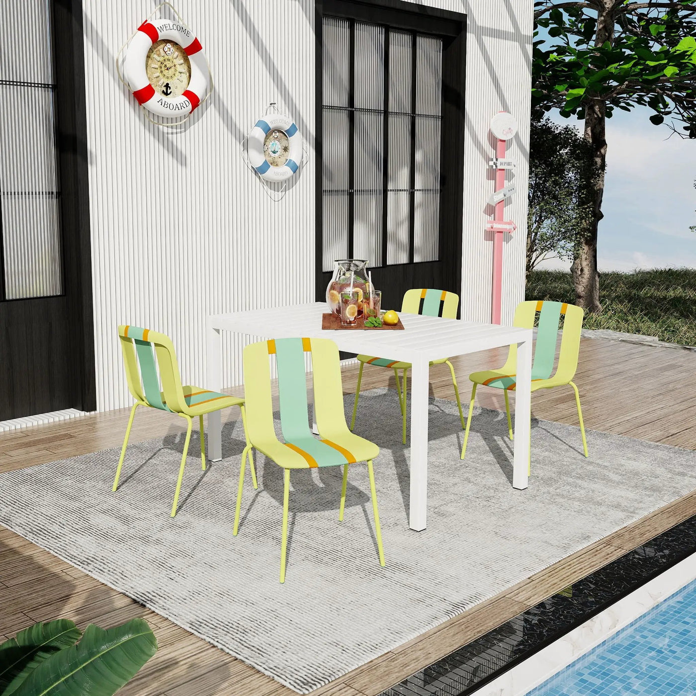 4 Piece Set Of Modern Striped Color- Blocking Single Chairs With Long Table by HouseOfZazla