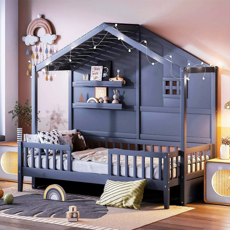 House Bed With Shelves, Window And Sparkling Light Strip On The Roof by HouseOfZazla