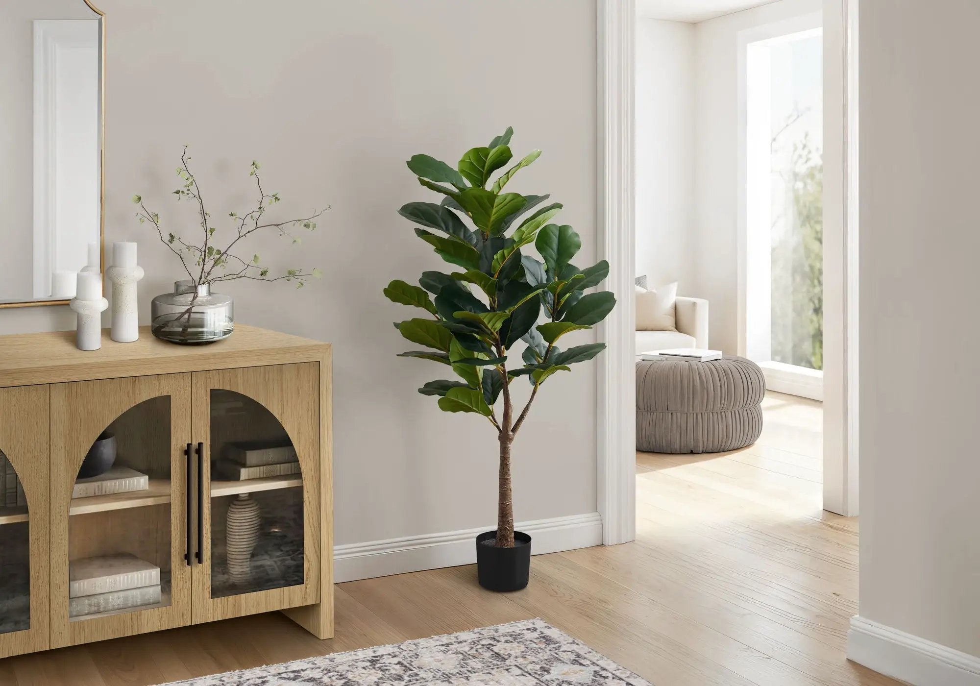 47" Tall, Artificial Plant, Fiddle Tree, Indoor, Fake, Floor, Greenery, Potted, Real Touch, Decorative - Green / Black by Unique Piece Furniture