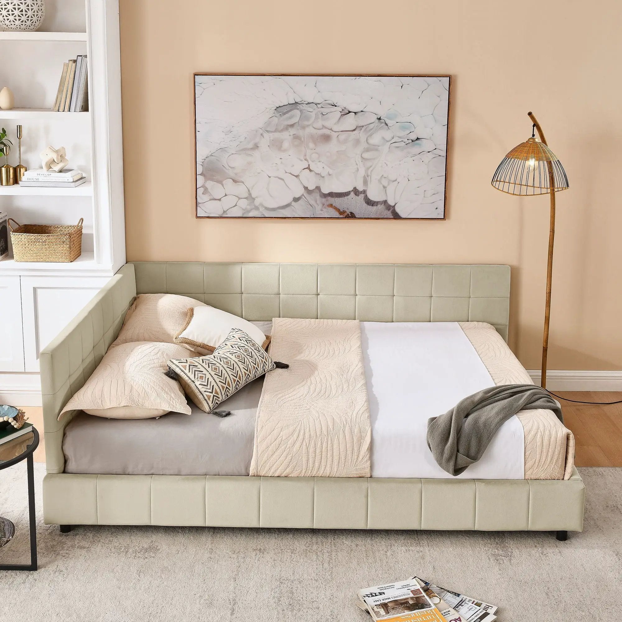 Mid-Century Storage Upholstered Tufted Bed Frame With Backrest And Armrests by Unique Piece Furniture