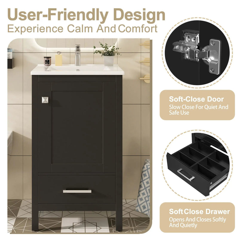Bathroom Vanity With Ceramic Sink, Soft Close Drawers, Door Organizer, Divider Drawer, Adjustable Foot Pads by HouseOfZazla