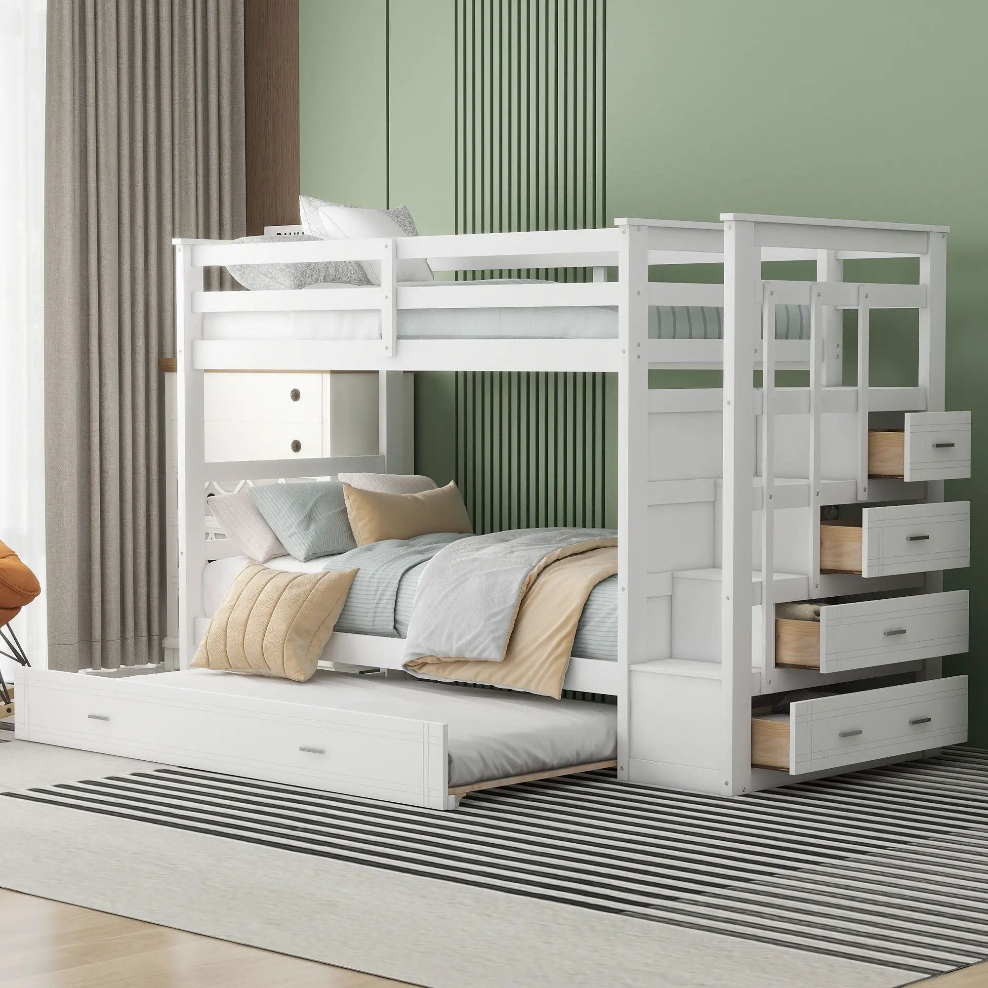 Twin Over Twin Bunk Bed With Trundle And Staircase - White by HouseOfZazla