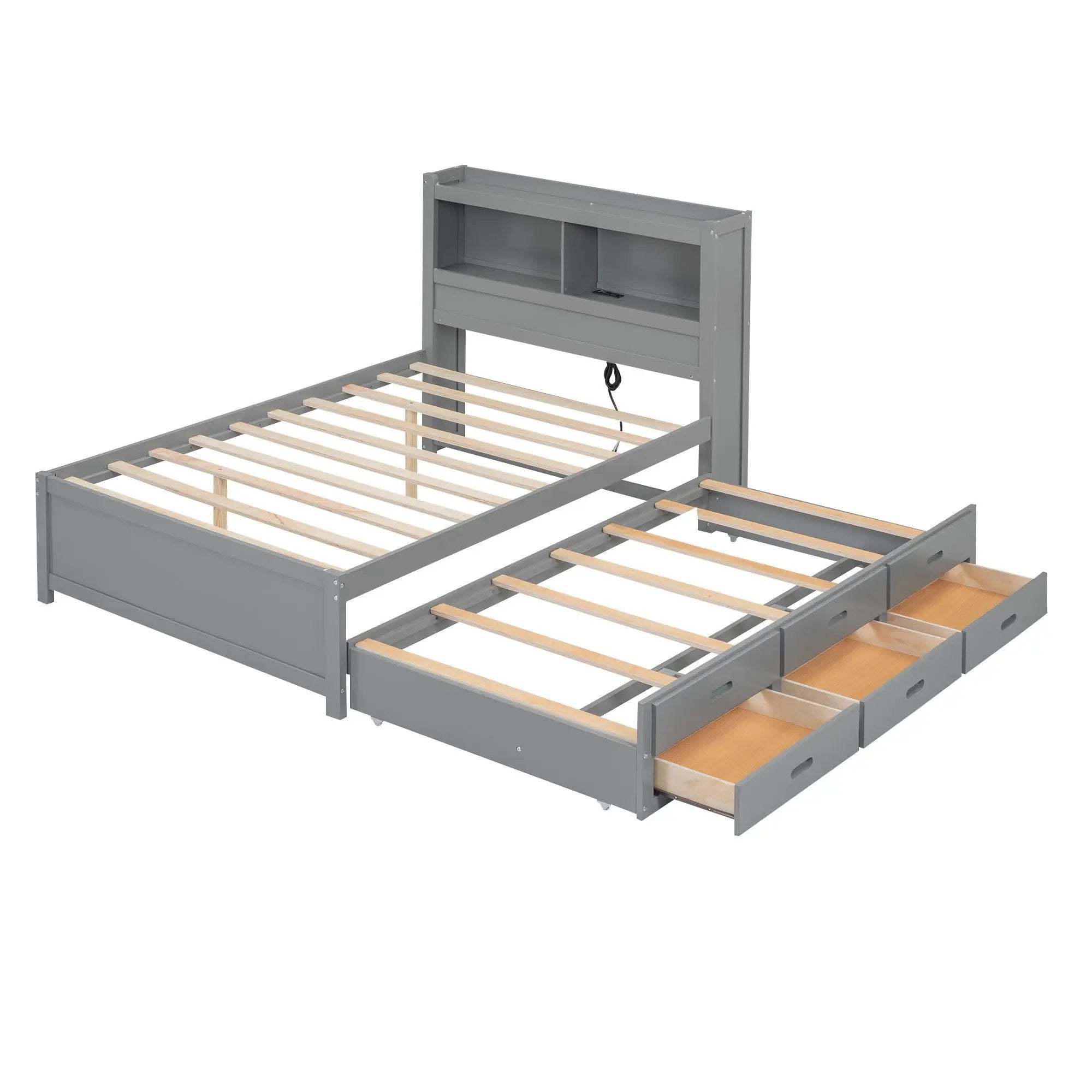 Full Size Platform Bed With Trundle, Drawers, USB Ports And Built In Shelves - Gray by HouseOfZazla
