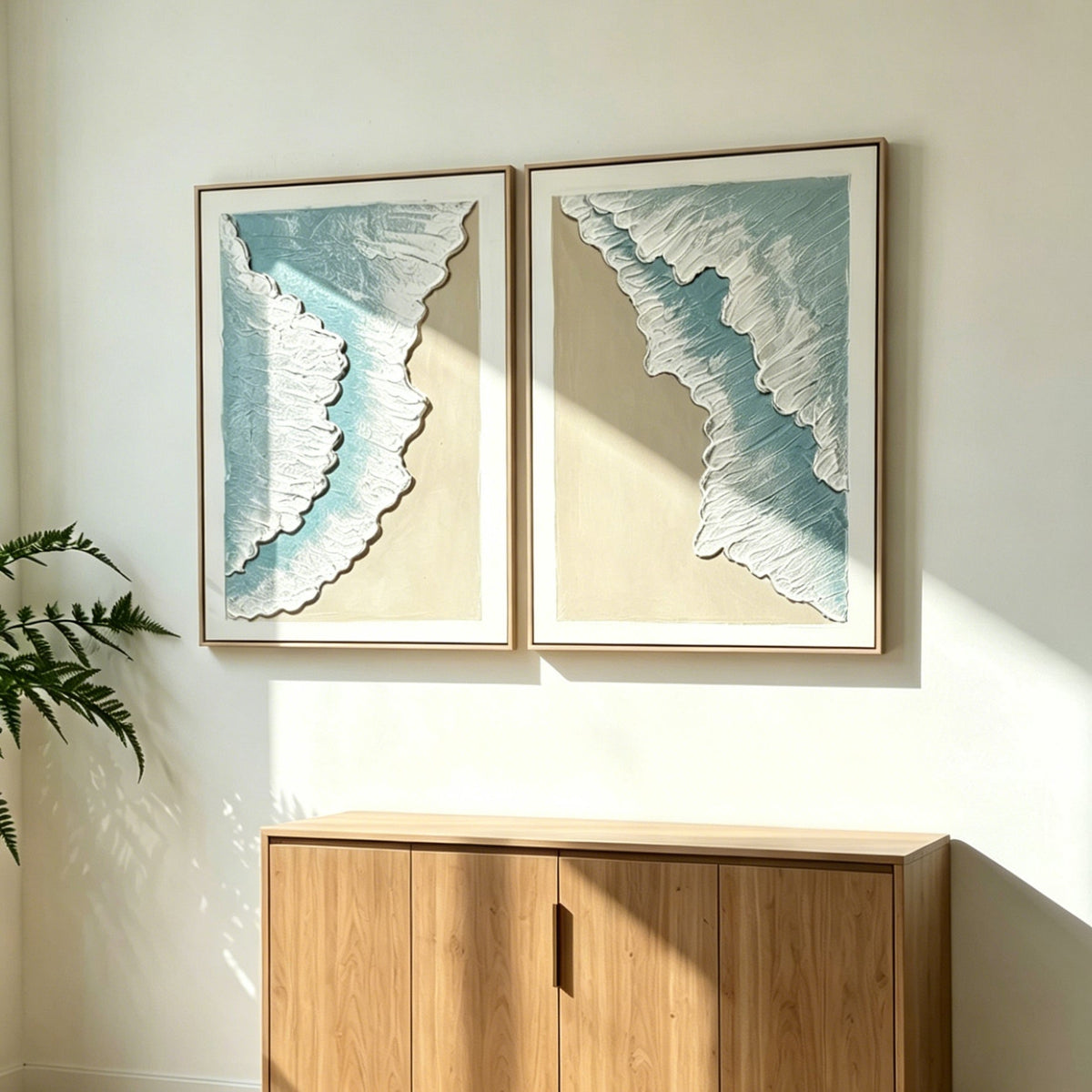 24x32 Framed Ocean Wave Wall Art Set with 3D Plaster Texture - Aqua