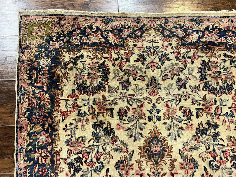Antique Persian Kirman Rug 4x7, Cream and Navy Blue, Hand Knotted Wool Floral Carpet by Jewel Rugs