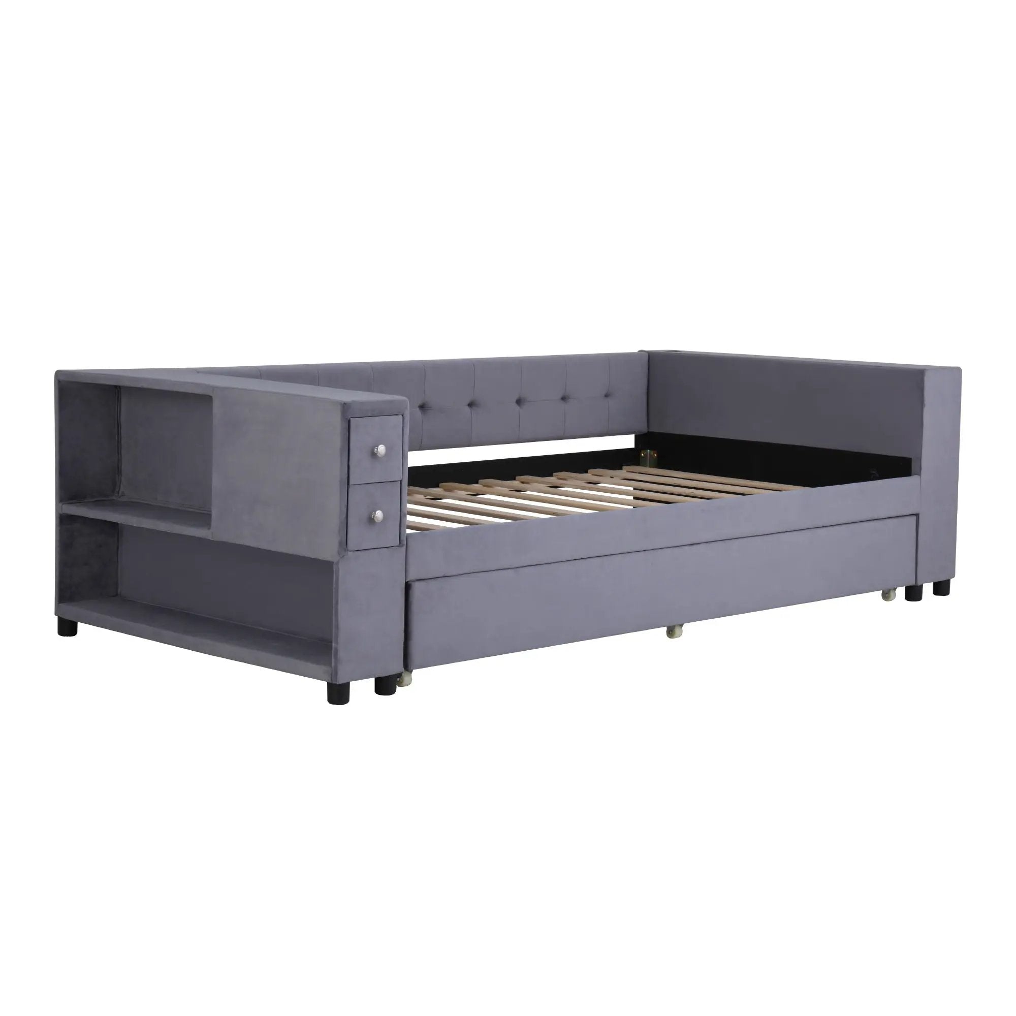 Upholstered Bed With Storage And Twin Trundle, USB Charging Ports by HouseOfZazla