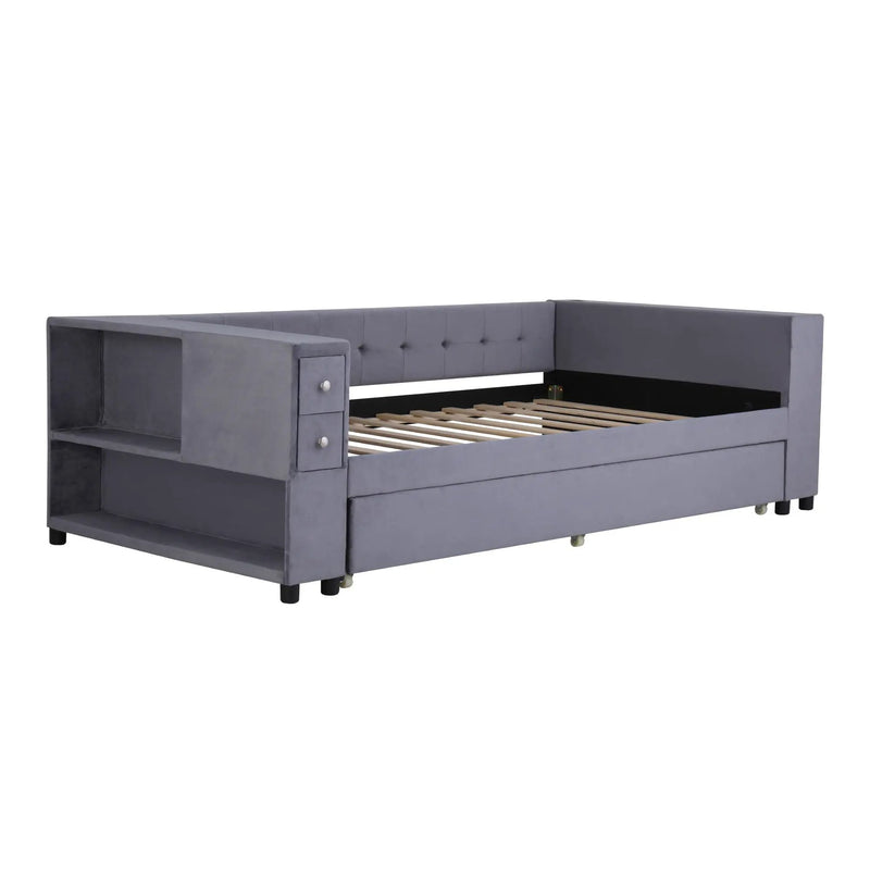 Upholstered Bed With Storage And Twin Trundle, USB Charging Ports by HouseOfZazla
