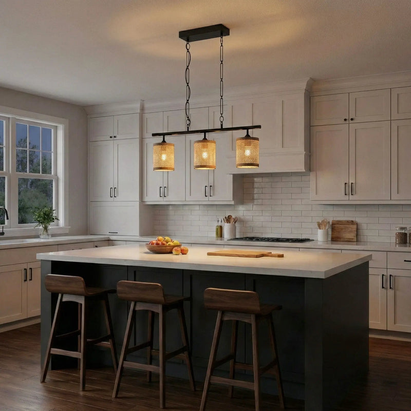 Elysian - 3 Lights Island With Natural Shade Farmhouse Chain Ceiling Lamp - Black / Rattan by Unique Piece Furniture