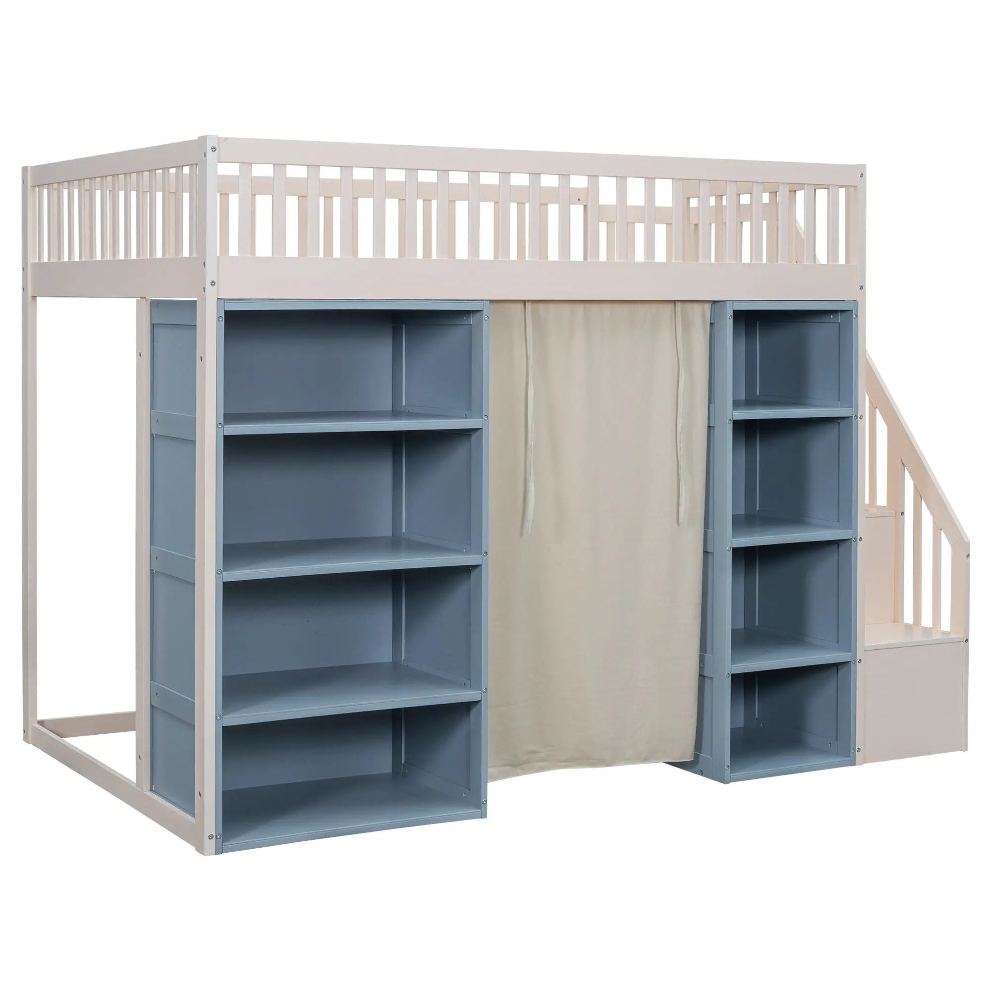 Full Size Loft Bed With 2 Four Layer Storage Cabinets And Curtain With Built In Staircase And Privacy Curtain - White by HouseOfZazla