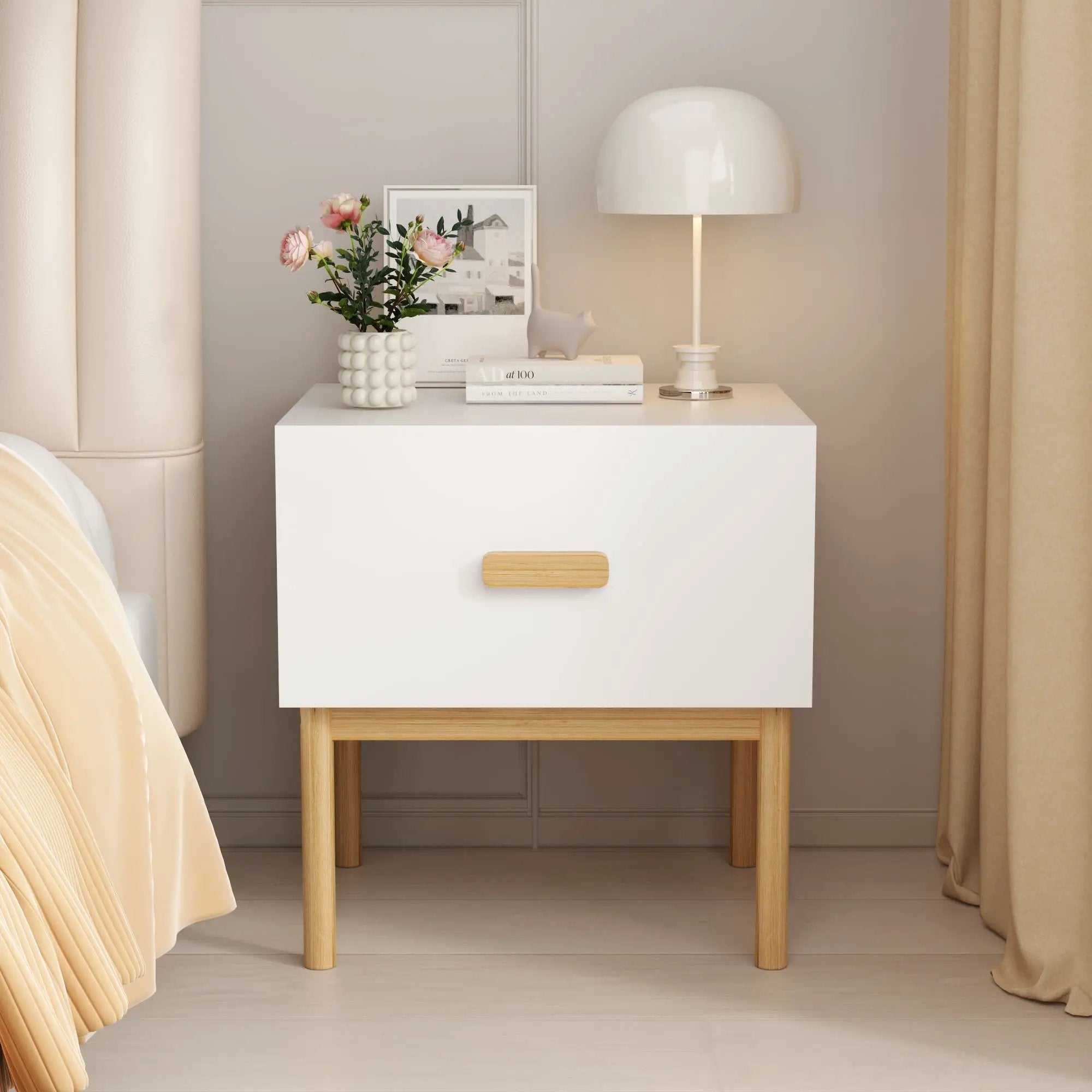 Nightstand With Drawer, Minimalist Bedside Table With Handle For Bedroom - White by HouseOfZazla