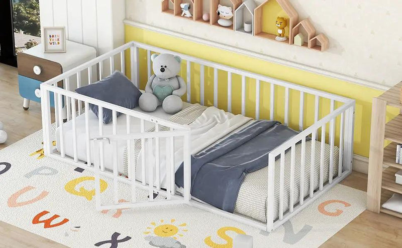 Metal Floor Bed Frame With Fence And Door by HouseOfZazla