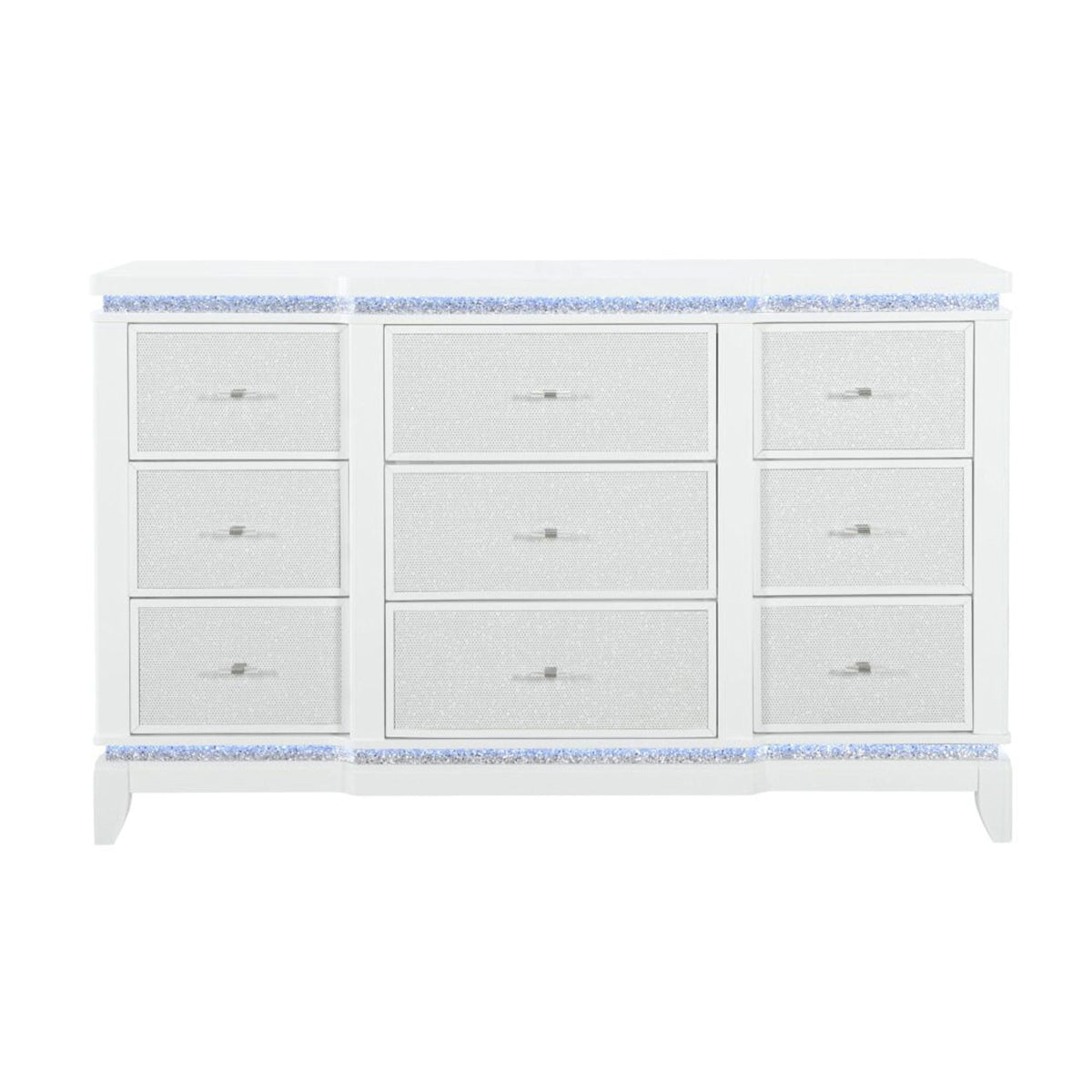 Adalid Dresser With LED Light And Glittered Drawer Fronts - White