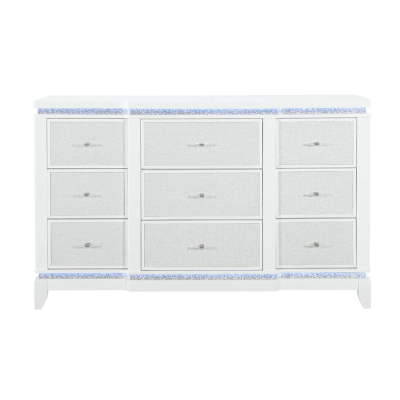 Adalid Dresser With LED Light And Glittered Drawer Fronts - White