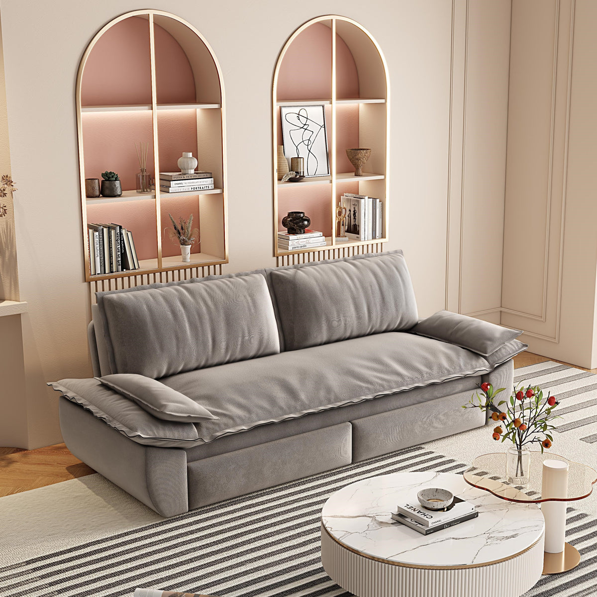 Grey Velvet Queen Pull Out Sofa Bed with 3-in-1 Convertible Design, photo 2 of 10