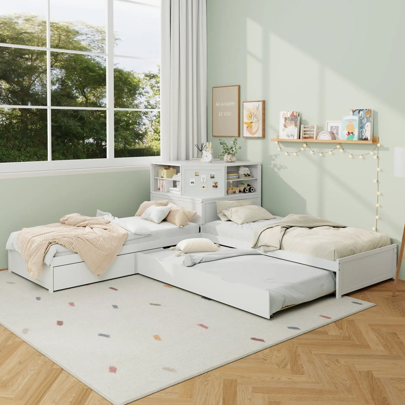 L-Shaped Bed Frame With Trundle, Built In Desk & LED Lighting by HouseOfZazla