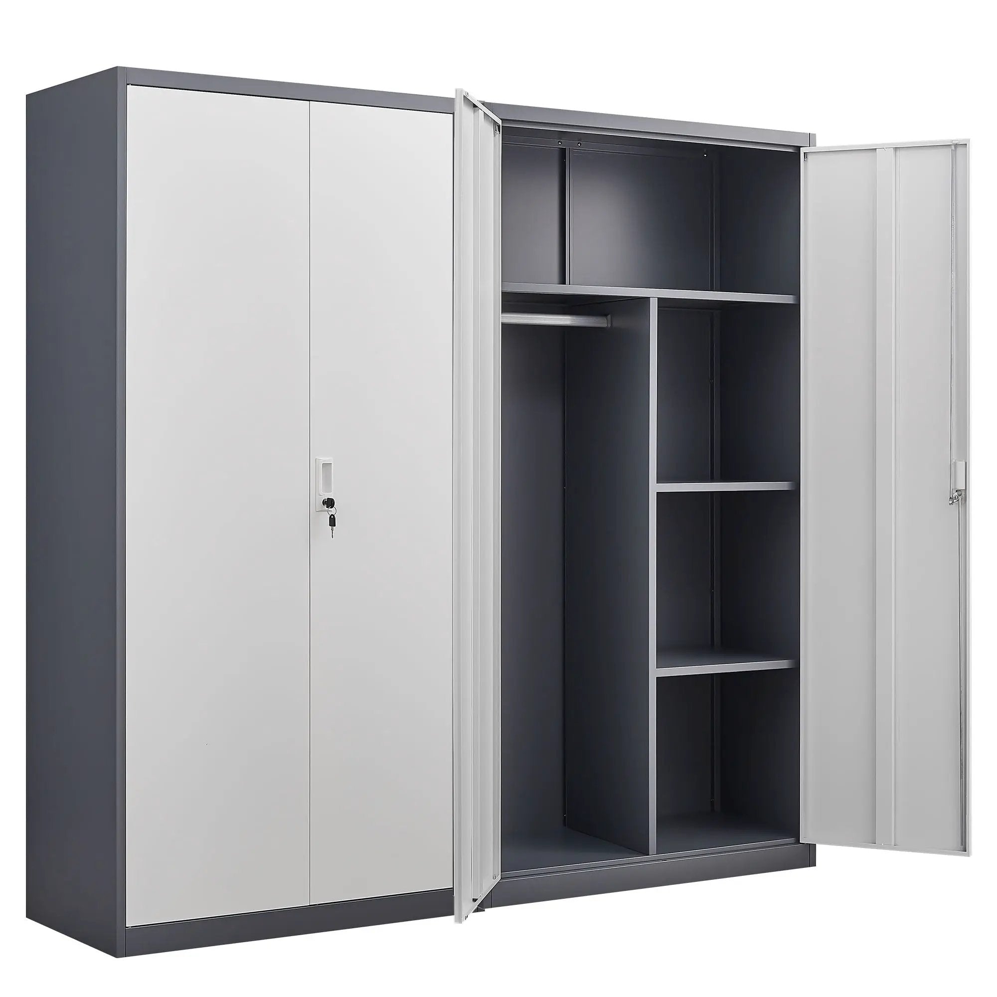 Wardrobe With Hanging Rod And Compartments, Lockable Closet With Locks & Keys For Bedroom - Gray by HouseOfZazla