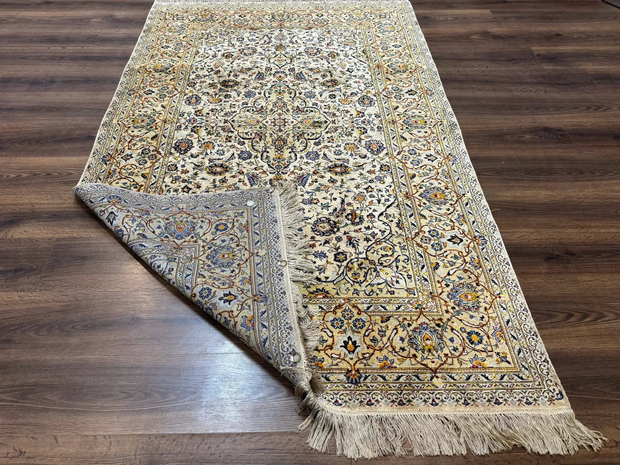 Rare Silk Persian Kashan Rug 4.6 x 7, Antique Fine 310 KPSI, Ivory by Jewel Rugs