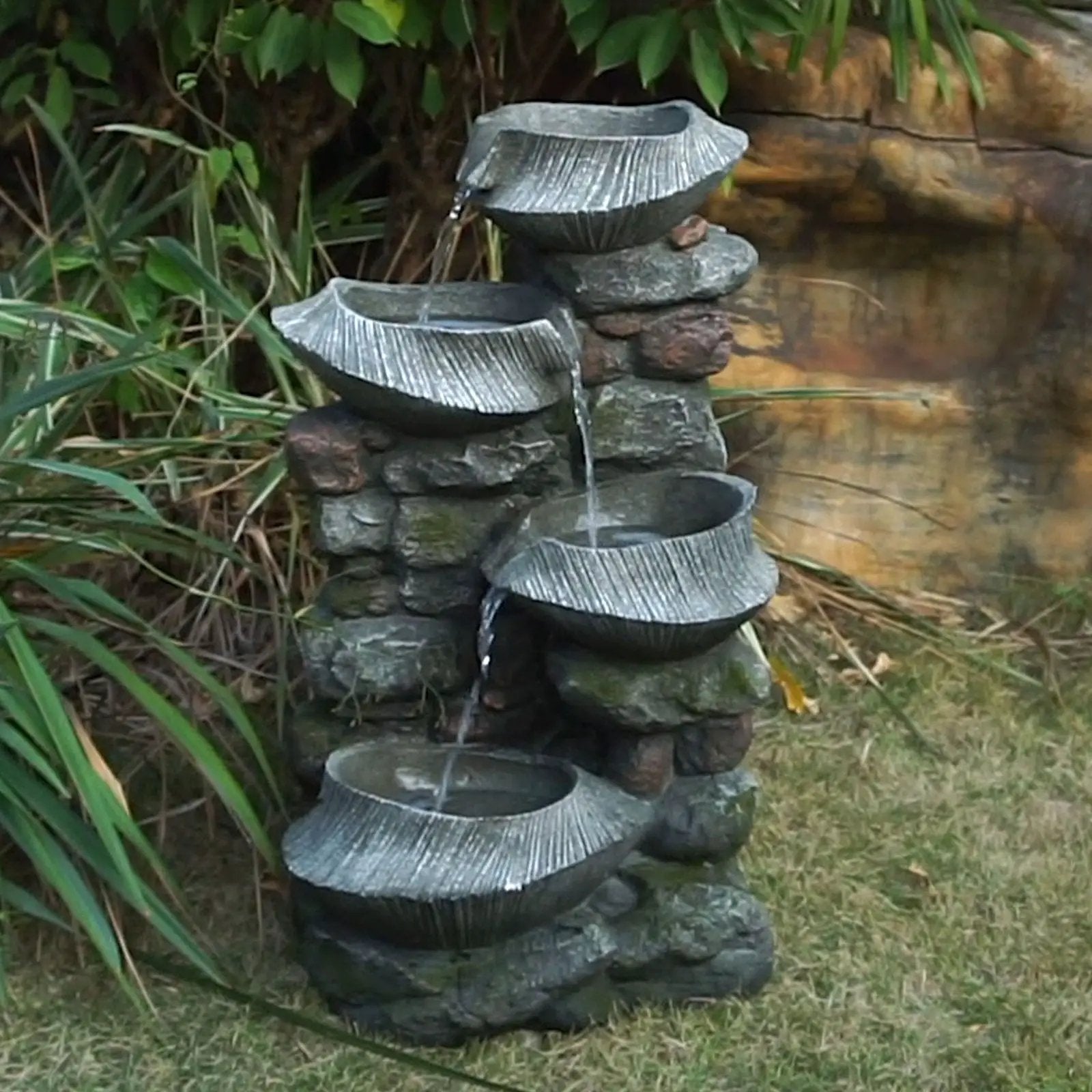 Indoor Outdoor Stone Water Fountain, 4 Tier Polyresin Cascading Rock Bowl Freestanding Fountain With LED Ligh - Gray by HouseOfZazla
