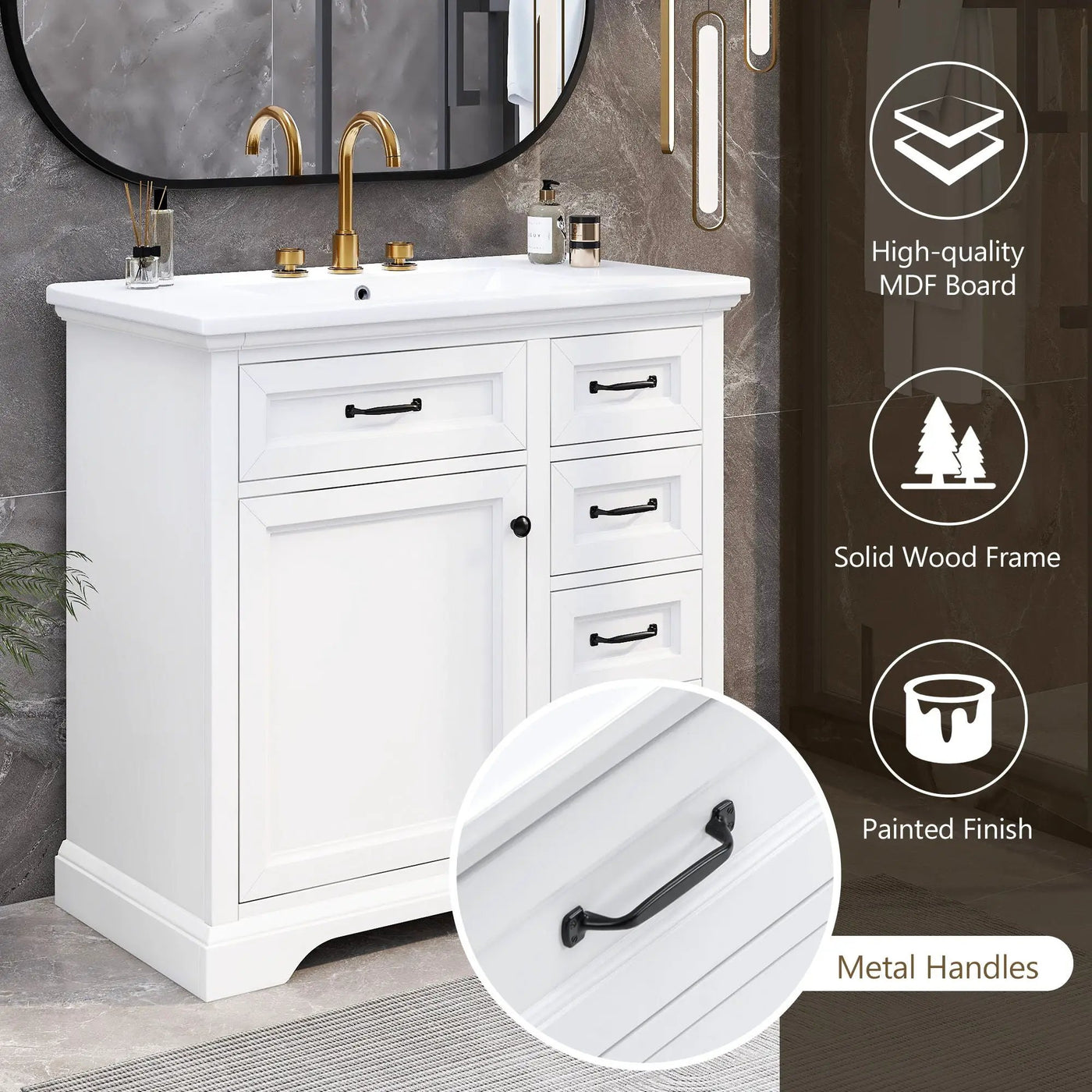 36" Bathroom Vanity With Sink, 2 Tip-Out Drawers, Soft Close Hinges by HouseOfZazla
