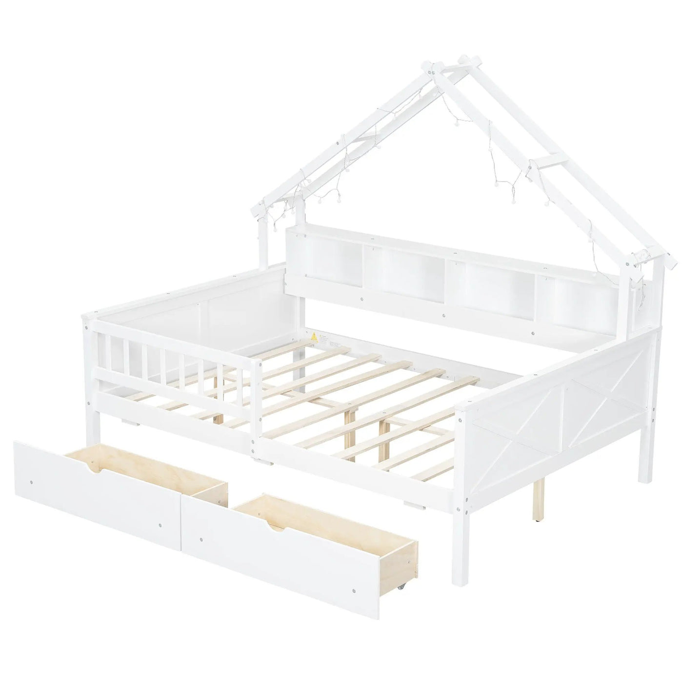 House Style Platform Bed With LED Lights, Storage Shelves, Drawers, And Guardrail by HouseOfZazla