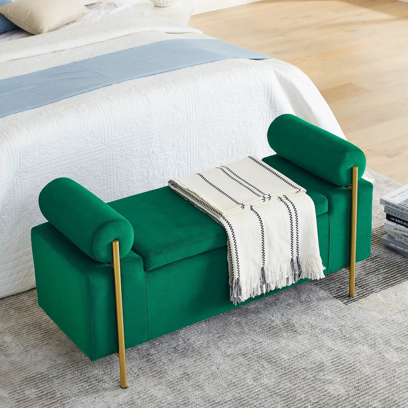 Elegant Upholstered Storage Bench With Cylindrical Arms And Iron Legs, by HouseOfZazla