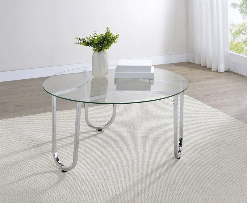 Beller Round Tempered Glass Top Cocktail Coffee Table Chrome by Unique Piece Furniture
