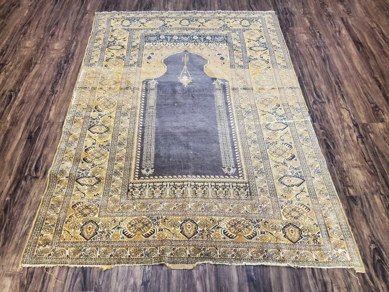 Rare Turkish Ghiordes Prayer Rug 4 x 5.8 ft, Late 19th Century Turkish Oriental Carpet, Mehrab Antique Prayer Rug, Museum Quality, Blue, Tan by Jewel Rugs