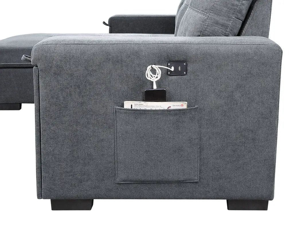 Toby - Woven Fabric Reversible Sleeper Sectional Sofa With Storage Chaise Cup Holder Charging Ports And Pockets by HouseOfZazla