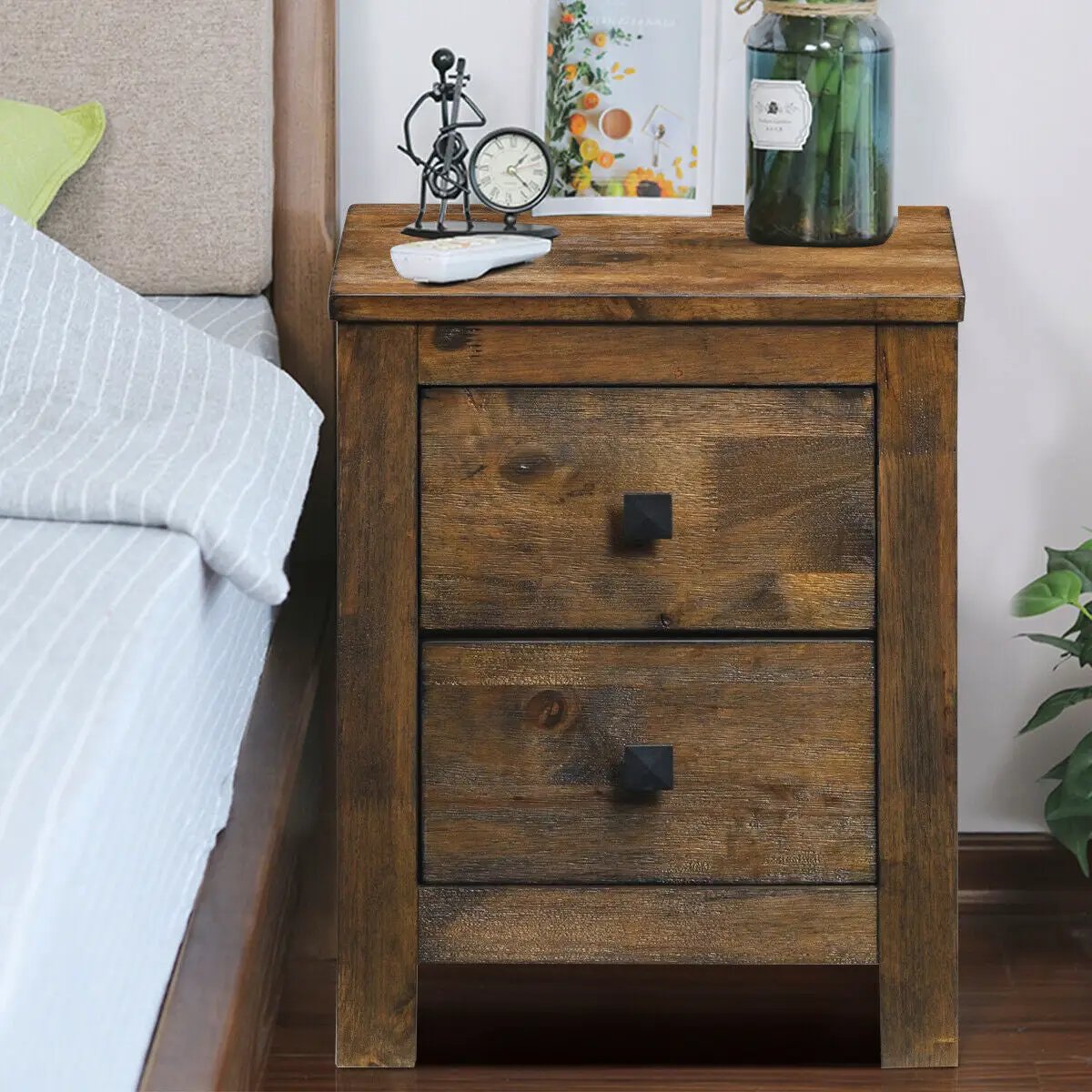 Wood 2 Storage Sliding Drawers End Nightstand-Oak by DirectDeals