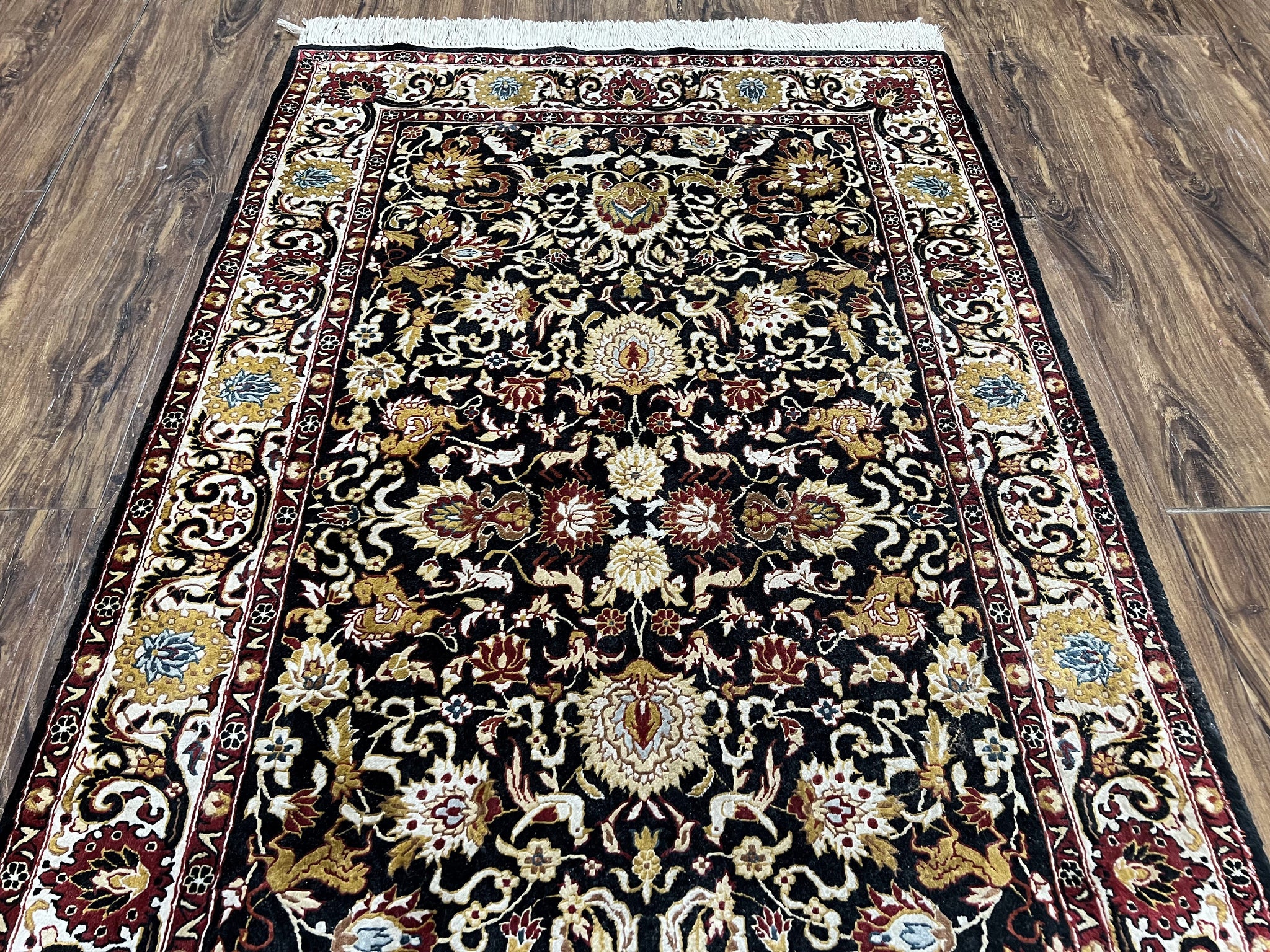 Sino Persian Silk Rug 3x5 Oriental Carpet 3 x 5 Fine Silk Rug, Black Ivory Gold, Animal Motifs, Flowers, High Quality, Vintage Silk Rug Wow by Jewel Rugs