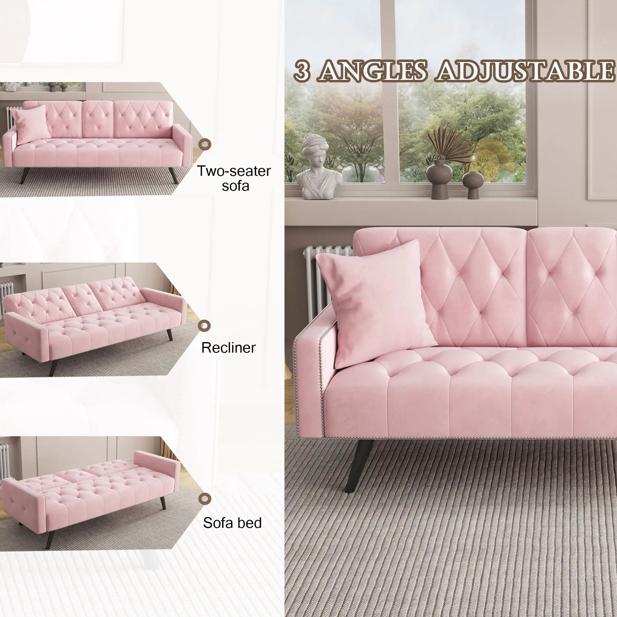 Sofa Bed With Nail Head Trim And Cup Holders - Pink by Unique Piece Furniture