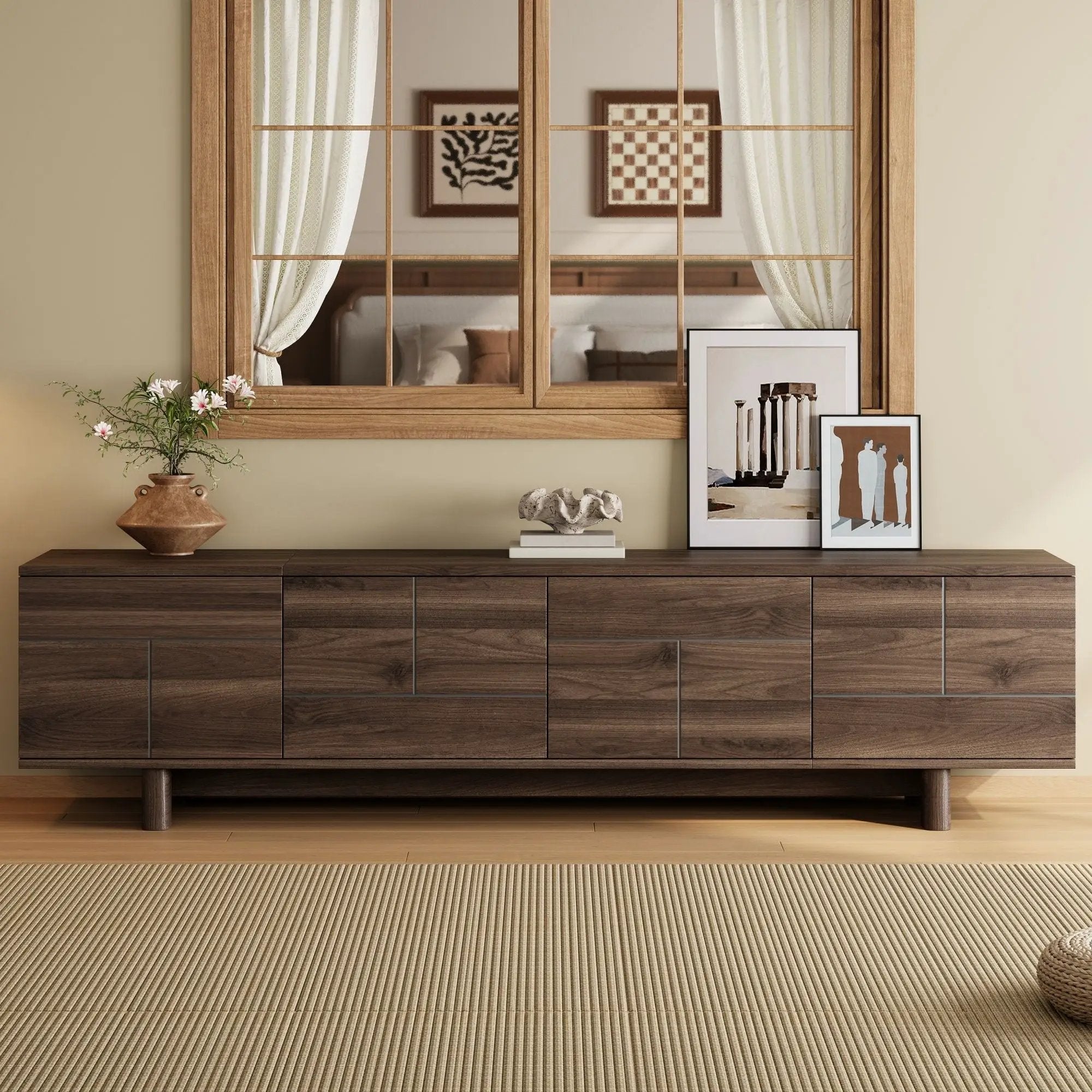 TV Stand For TVs Up To 85", Entertainment Center, Cable Management, Push Openers, Soft Closing Hinges & Adjustable Shelves - Dark Brown by HouseOfZazla