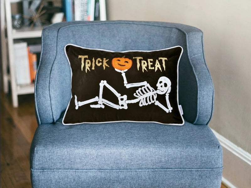 Embroidered Velvet Halloween Skeleton Lumbar Pillow by HouseOfZazla